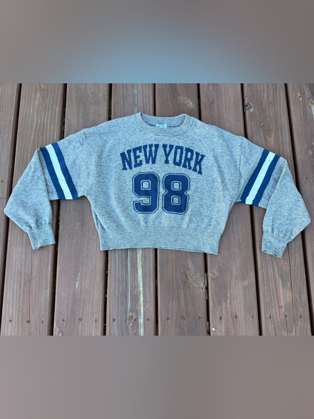 Rue21 Gray Sweatshirt with Navy Stripes and '98' Graphic